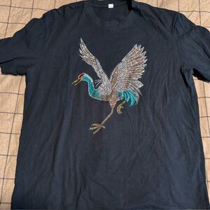 Rhinestone Crane Bird Graphic T-Shirt Black Sparkle Statement Tee Size XXL